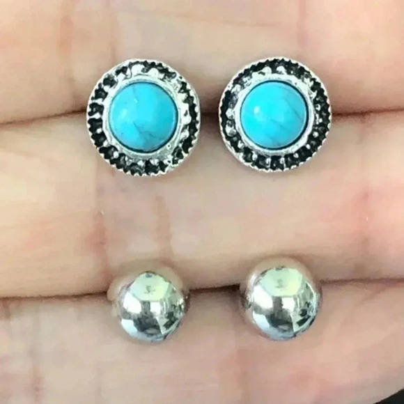 8mm Ball Studs & 10mm Button Turquoise Studs Stainless Steel Earrings NWT - Picture 1 of 3